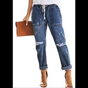 🆕Distressed Denim Joggers Elastic Waist St…